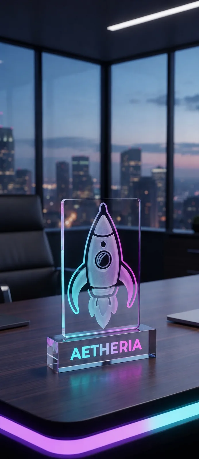 Placa acr\u00edlica AETHERIA en sala de juntas con vista a la ciudad